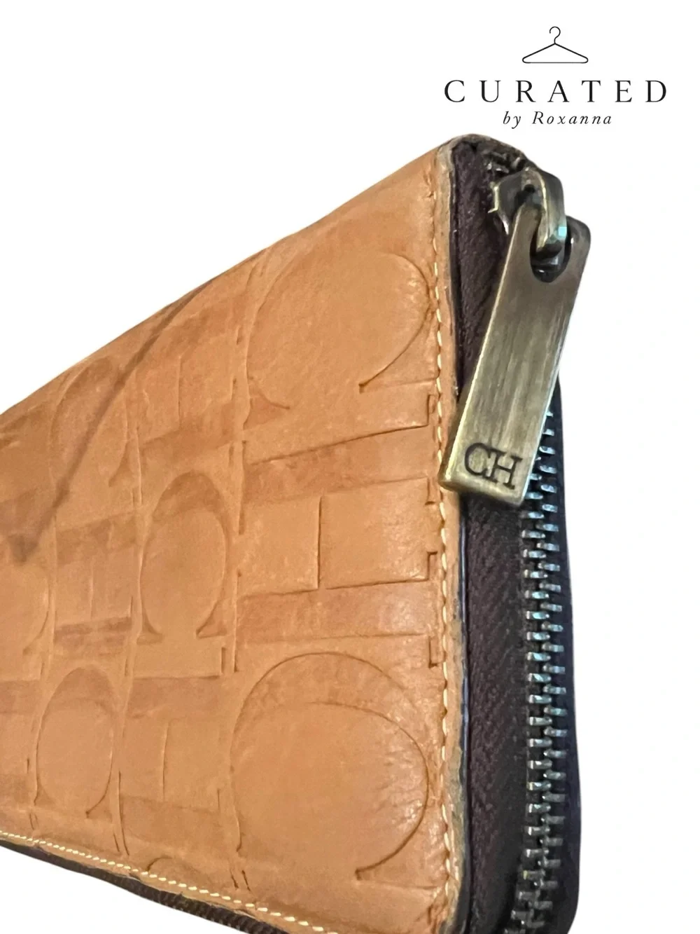 Carolina Herrera CH Cognac Embossed Leather Zip Around Continental Wallet